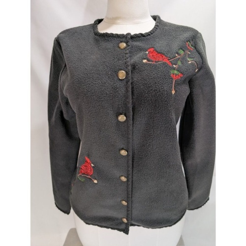 Basic Editions Black Fleece Cardigan Red Cardinal Embroidery Women's‎ Medium